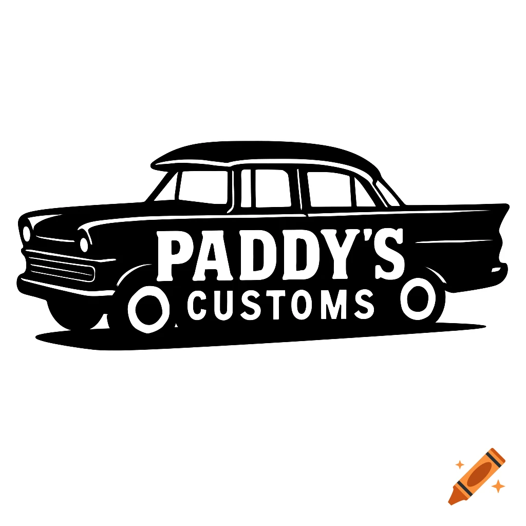 Black and white vector logo of a vintage sedan car with 'Paddy's O Customs O' written on its side.