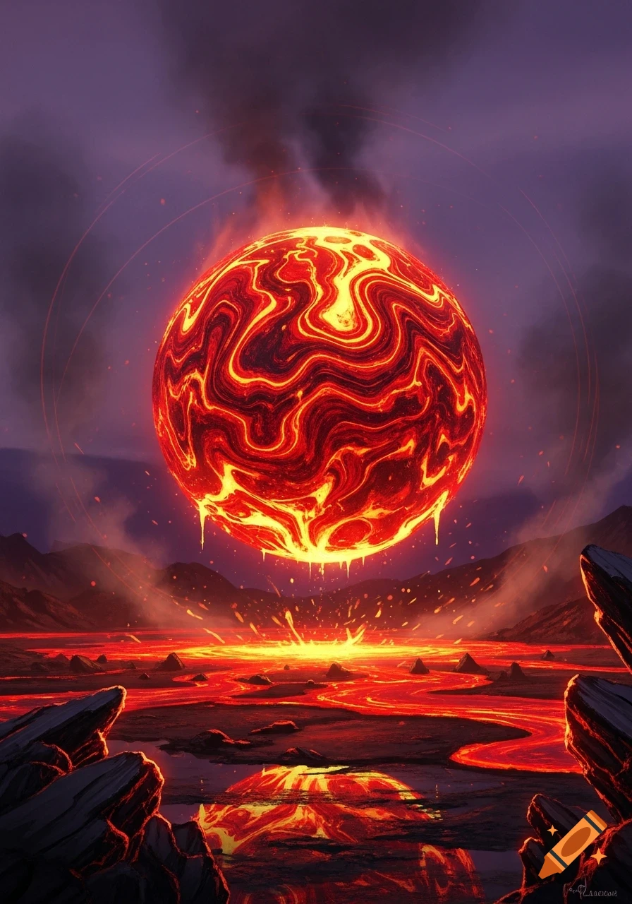 A giant, glowing lava ball hovers over a molten landscape of flowing lava and dark rocks under a smoky purple sky, in a digital art style.