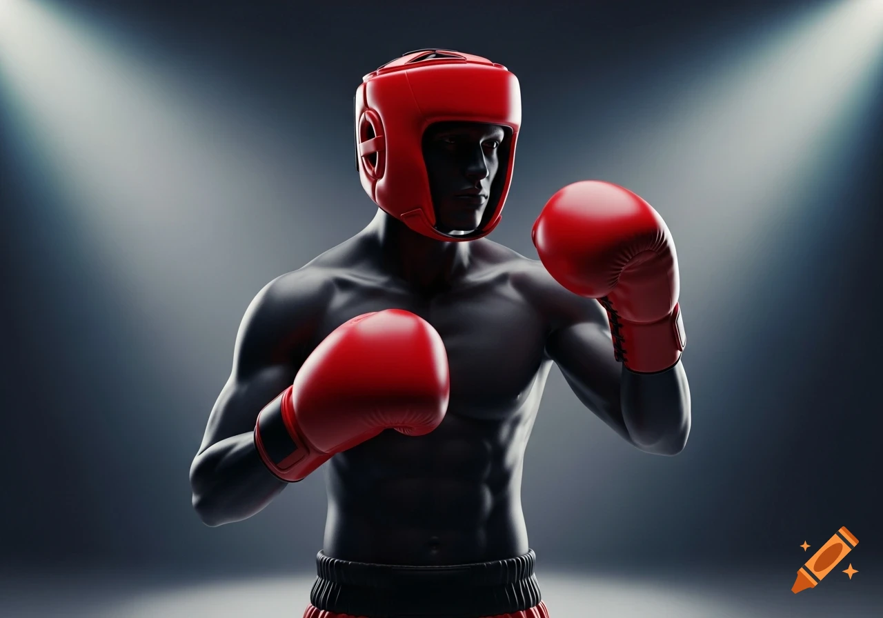 A 3D render of a boxer wearing a red headguard and red boxing gloves under dramatic spotlights.
