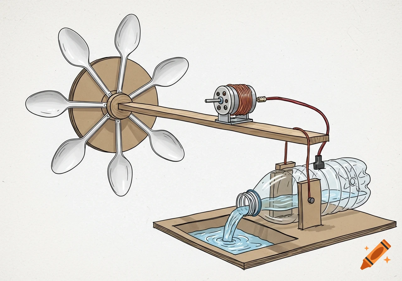 Hand-drawn illustration of a DIY water-powered energy model, featuring a spoon wheel, a motor, and water flowing from a plastic bottle.