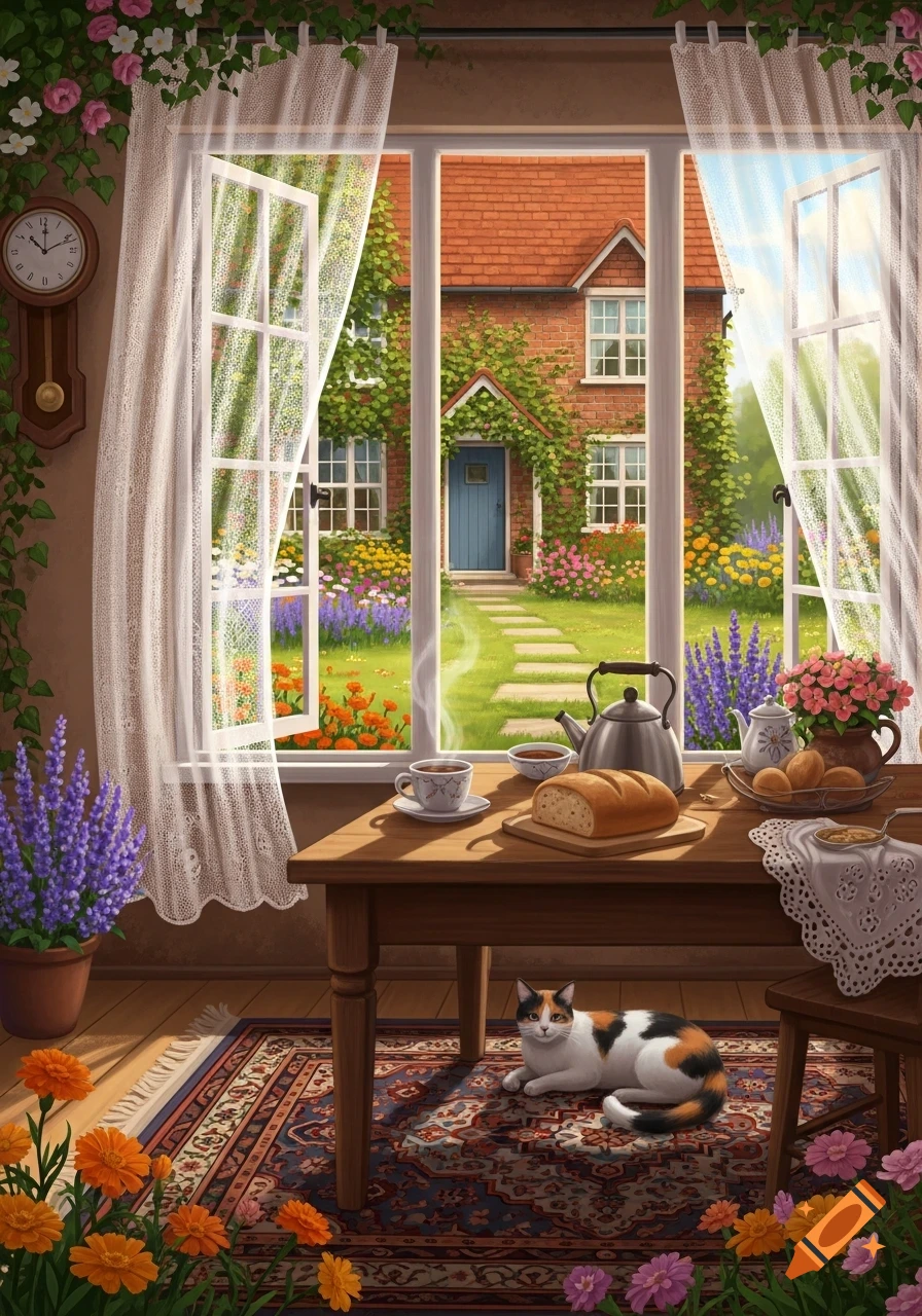 A calico cat lies on a patterned rug in a cozy room with a wooden table set for breakfast. Through an open window, a brick house with a vibrant flower garden is visible under a sunny sky.