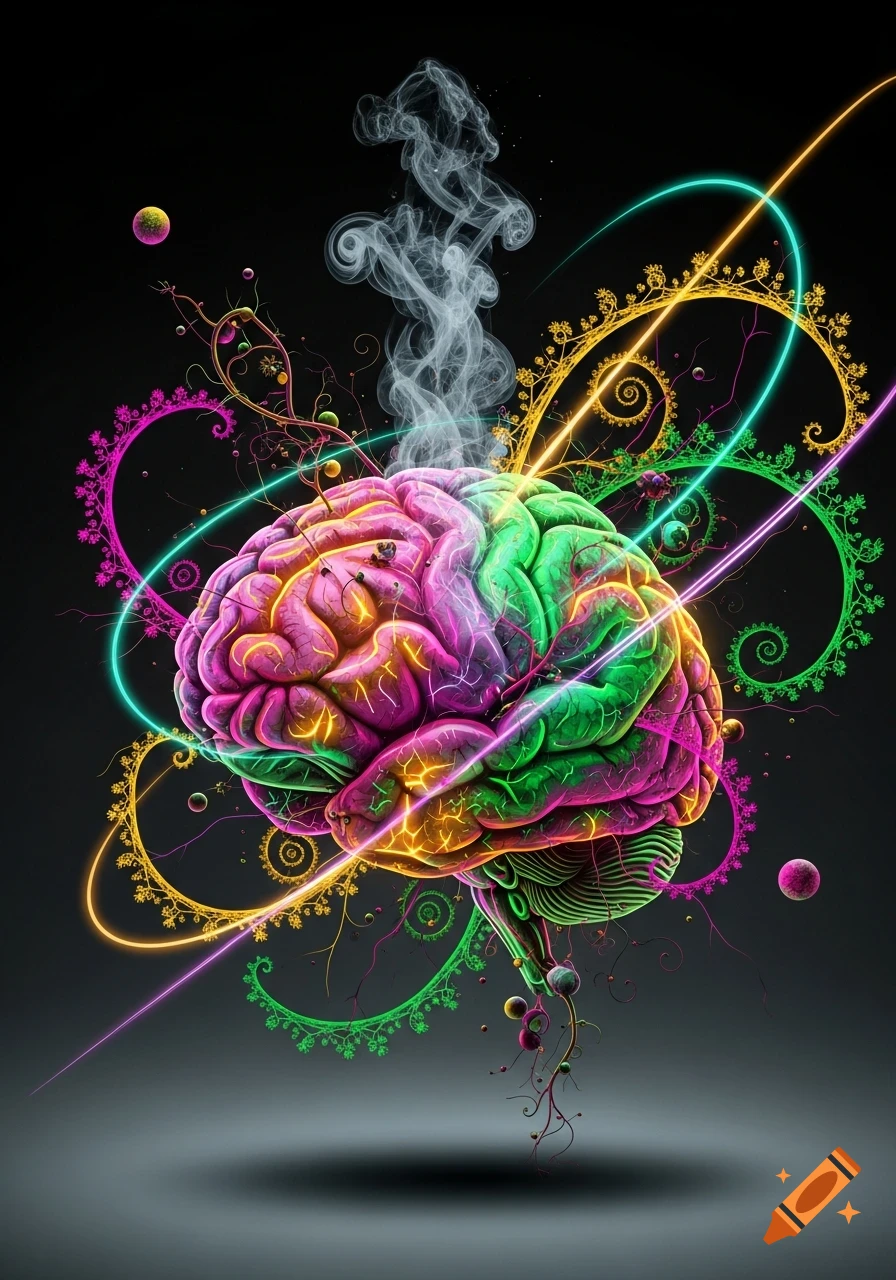 Colorful, glowing brain with smoke and intricate fractal patterns on a dark background, abstract style.