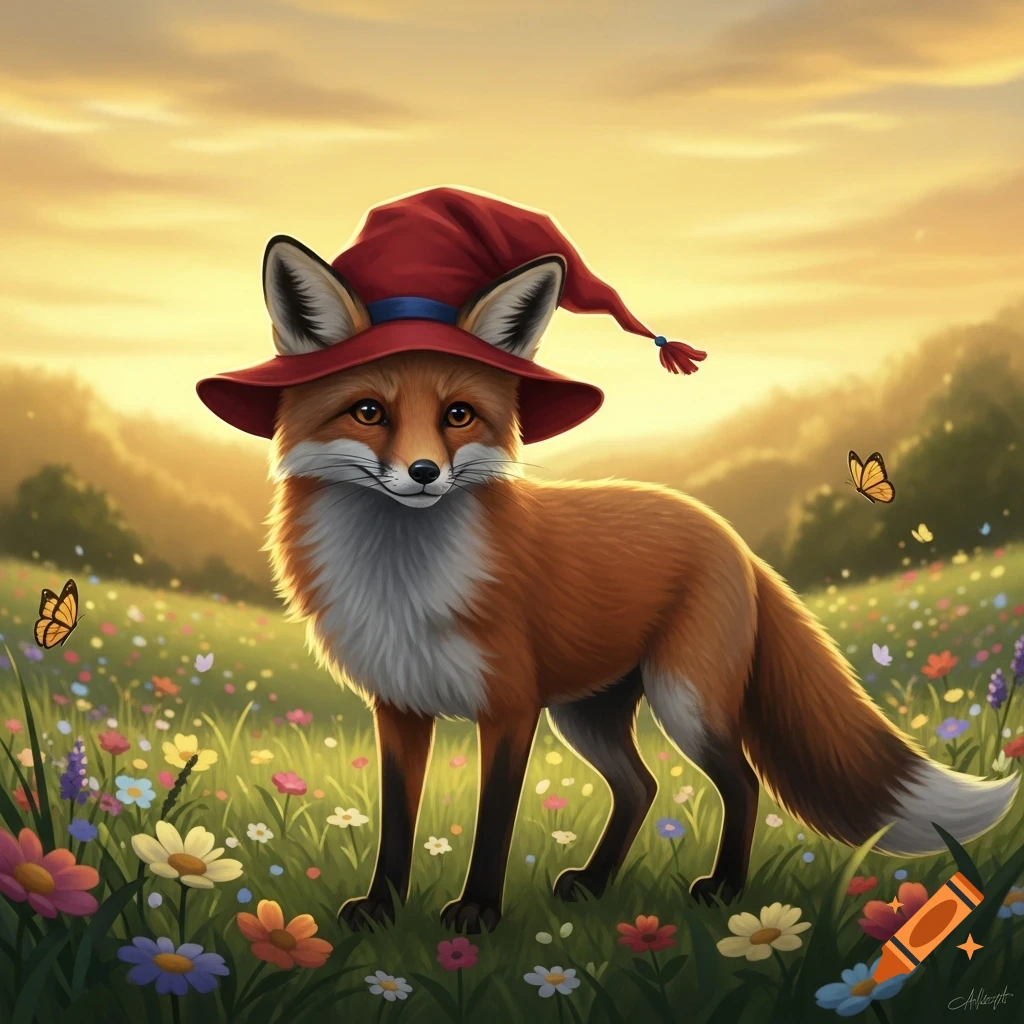 A cute fox wearing a red pointed hat stands in a vibrant field of ...
