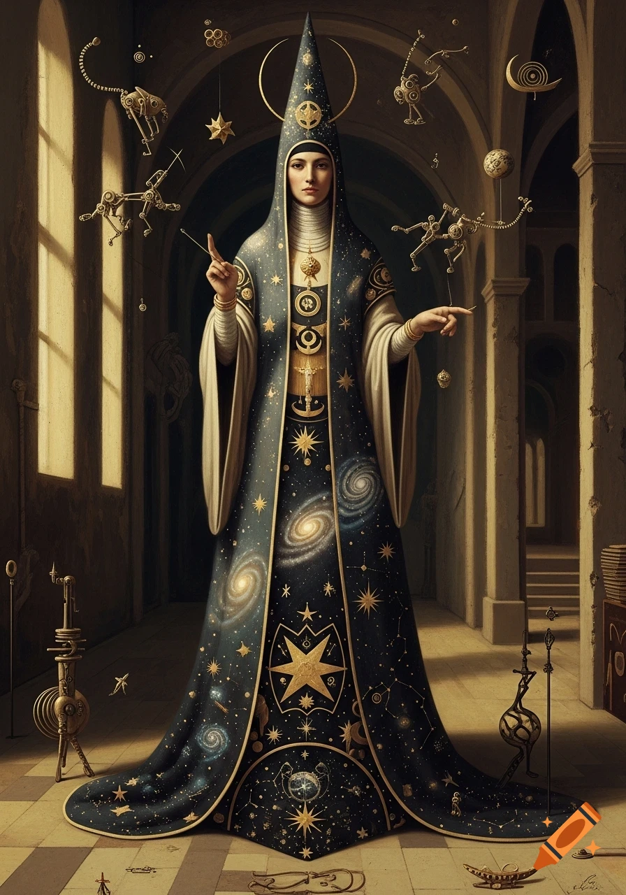 A woman in a dark blue robe adorned with stars and galaxies, stands in a mystical arched hall with golden astrological instruments.