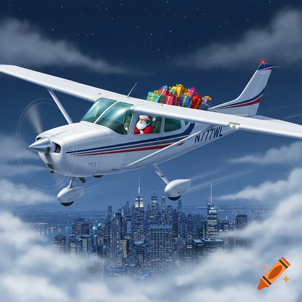 Santa Claus flies a white small plane, laden with colorful gifts, over a glittering city skyline at night.