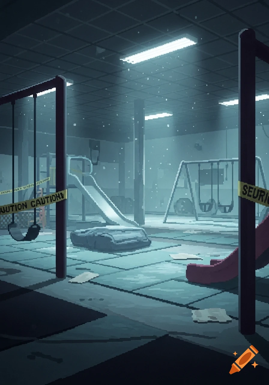 A pixel art image of a dimly lit, abandoned indoor playground with swings, slides, and caution tape.