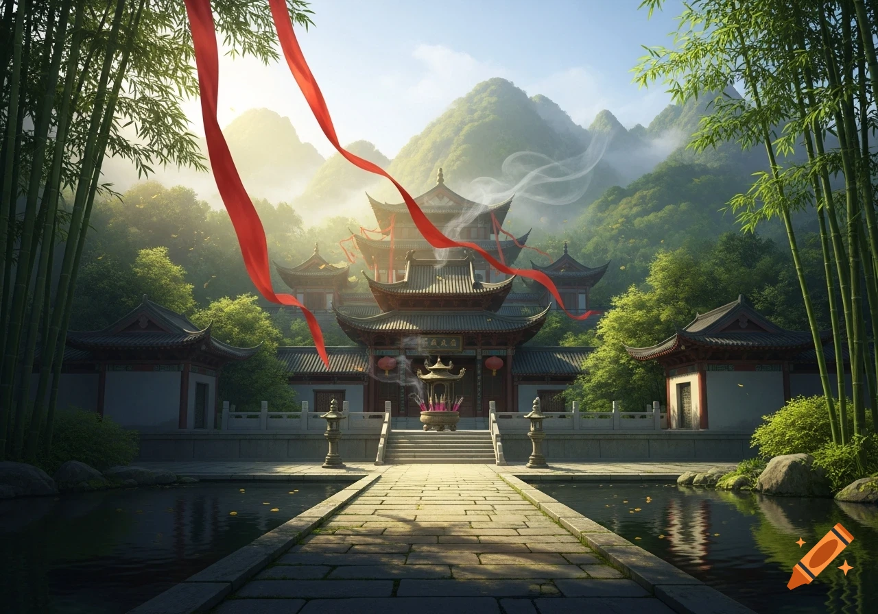Traditional Chinese temple with red ribbons, bamboo, and misty mountains, approached by a stone path over water.