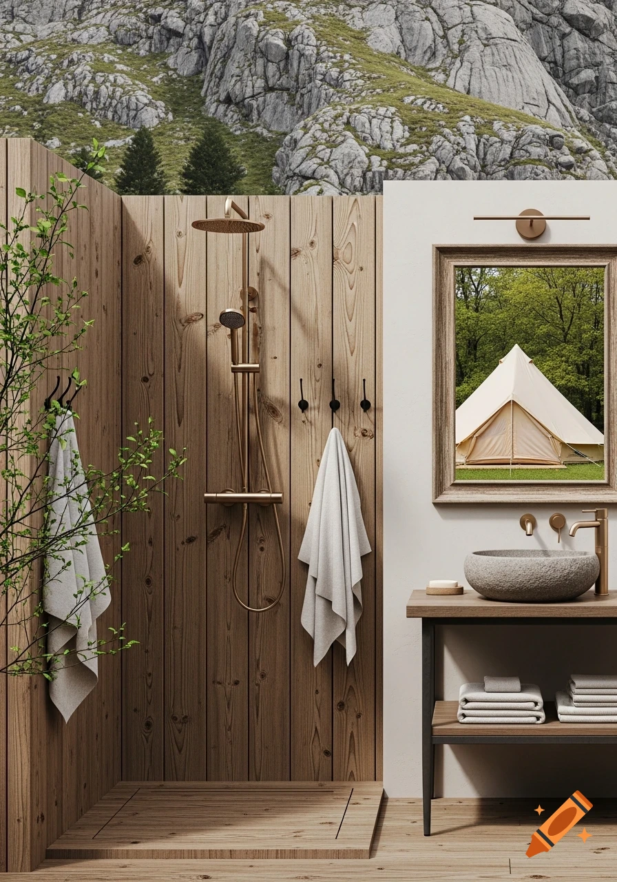 A rustic outdoor shower and sink area with wooden walls, a stone basin, and a mirror reflecting a bell tent, set against a rocky mountain.