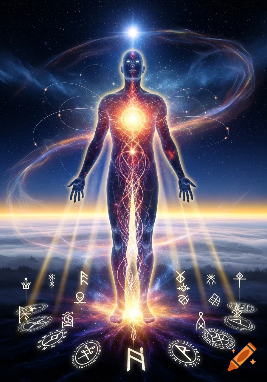 An ethereal, glowing human figure with vibrant energy lines stands on a cosmic surface, surrounded by mystical symbols under a star-filled sky.