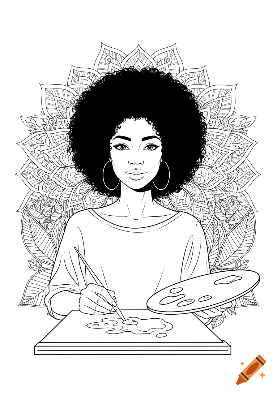 Line art illustration of a Black woman with an afro painting on a canvas with a palette, with an intricate mandala background.