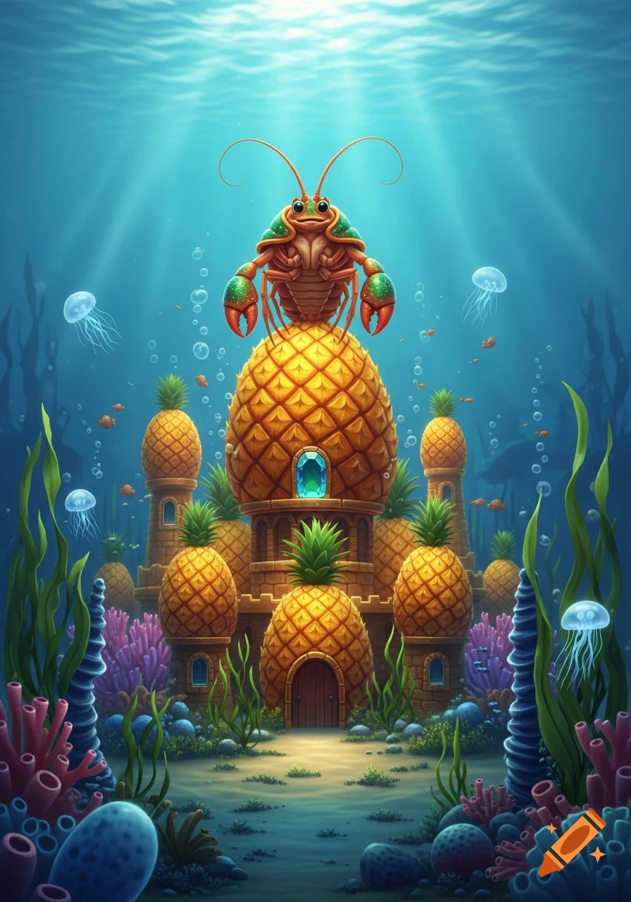 Prawn Ruler A cartoon prawn ruler sits on a pineapple castle underwater, surrounded ...