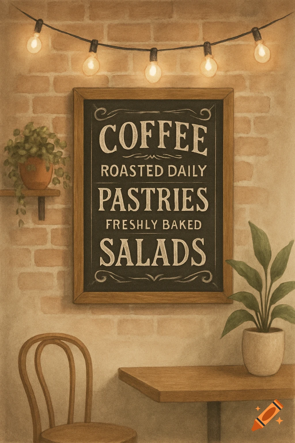 A warm cafe interior illustration with a blackboard menu listing coffee, pastries, and salads, string lights, and potted plants.