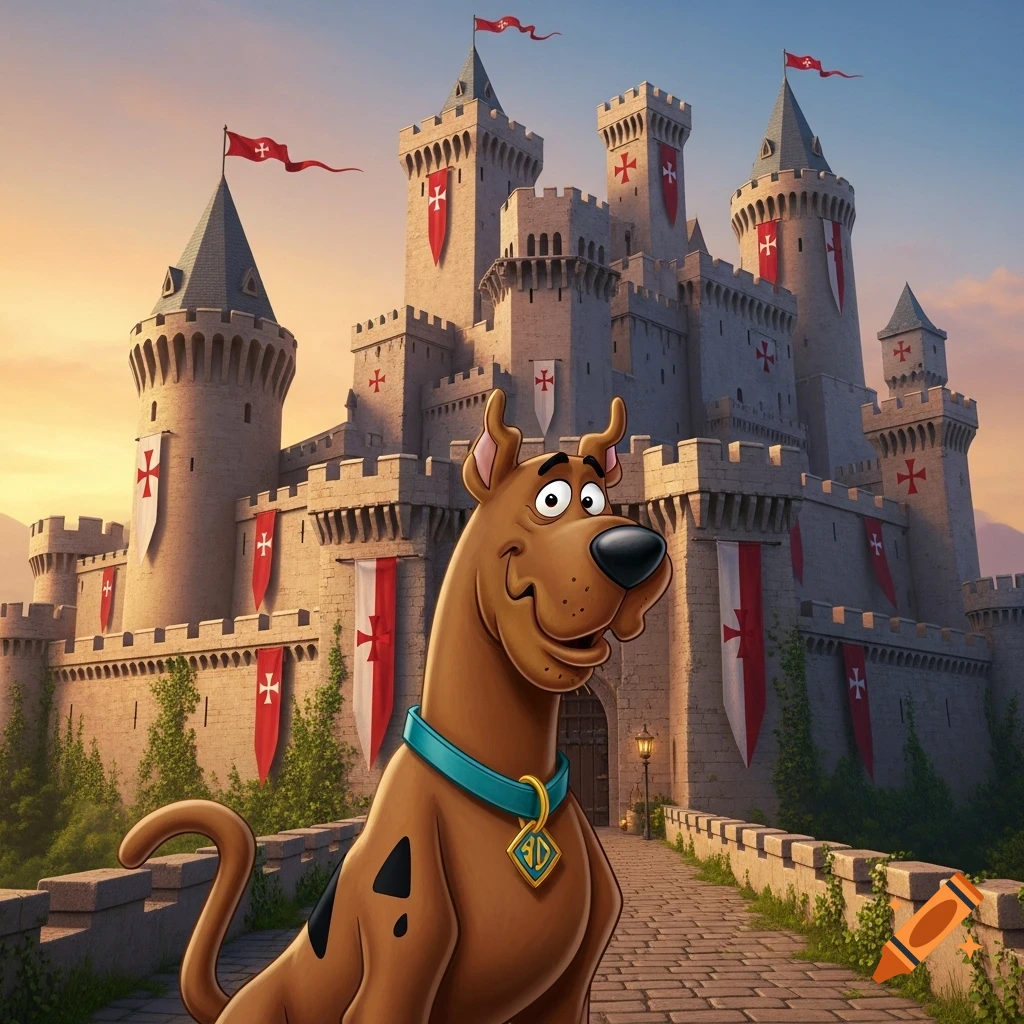 Scooby Doo smiles, standing on a stone path in front of a majestic medieval castle with red and white banners.
