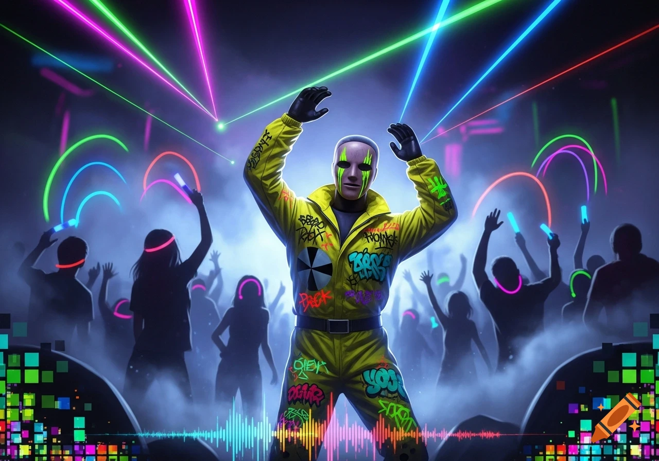 A masked figure in a graffiti-covered yellow jumpsuit dances at a neon-lit rave party with silhouetted dancers and sound waves.