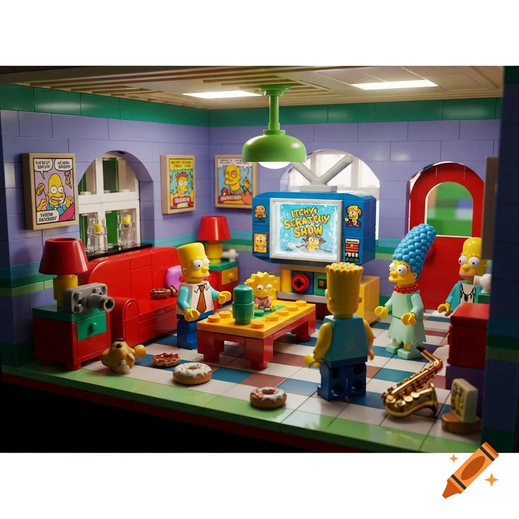 Lego diorama showing The Simpsons family in their living room, featuring Homer, Marge, Bart, and Maggie, with the TV displaying 'Itchy & Scratchy Show'.
