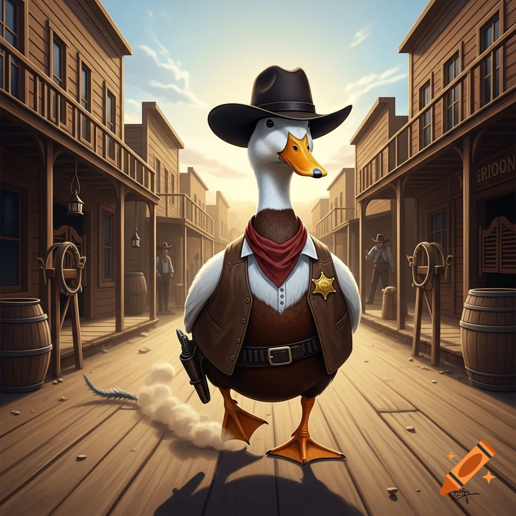 A cartoon duck dressed as a sheriff, complete with a hat, vest, and badge, stands on a wooden boardwalk in an Old West town.