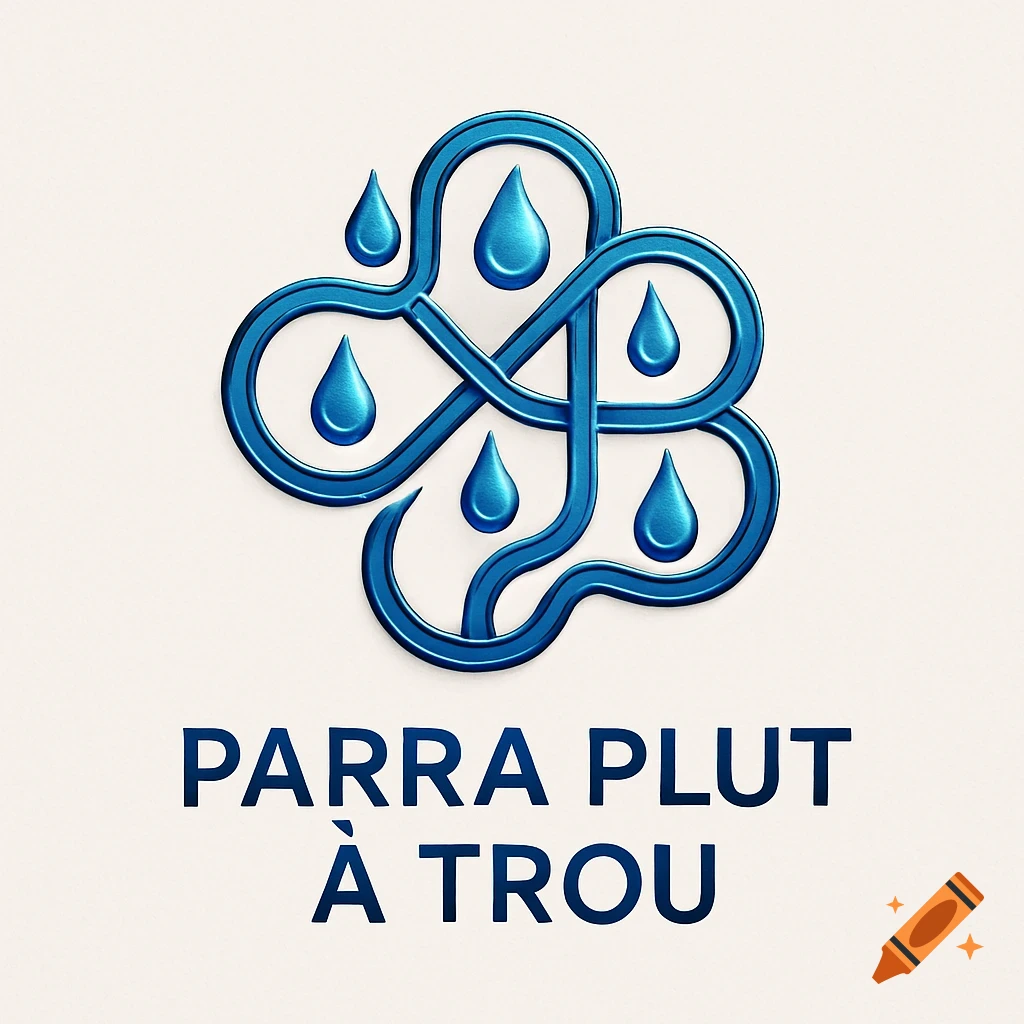 A shiny blue logo with intertwining lines, water droplets, and the text 'PARRA PLUT A TROU'.