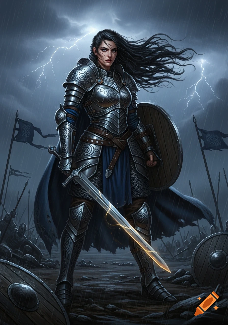 A powerful female warrior in ornate silver armor stands on a stormy ...