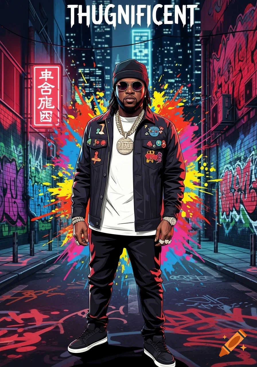 A stylized man in hip-hop attire, including a black jacket with patches and a gold chain, stands in a vibrant, graffiti-covered urban alley under a "THUGNIFICENT" title.