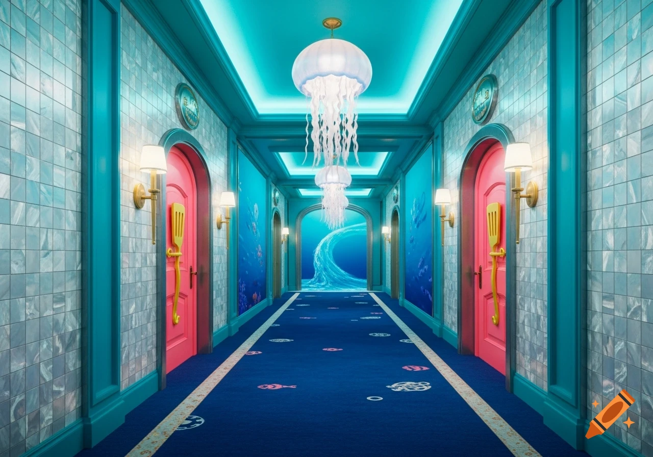 A vibrant, underwater-themed hotel hallway with pink doors, jellyfish chandeliers, and a wave mural at the end.