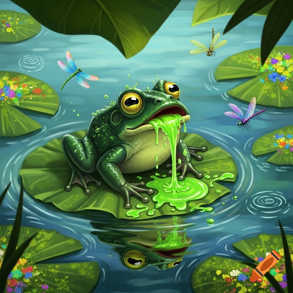 A cartoon frog with big yellow eyes pukes bright green slime onto a lily pad in a pond with dragonflies.