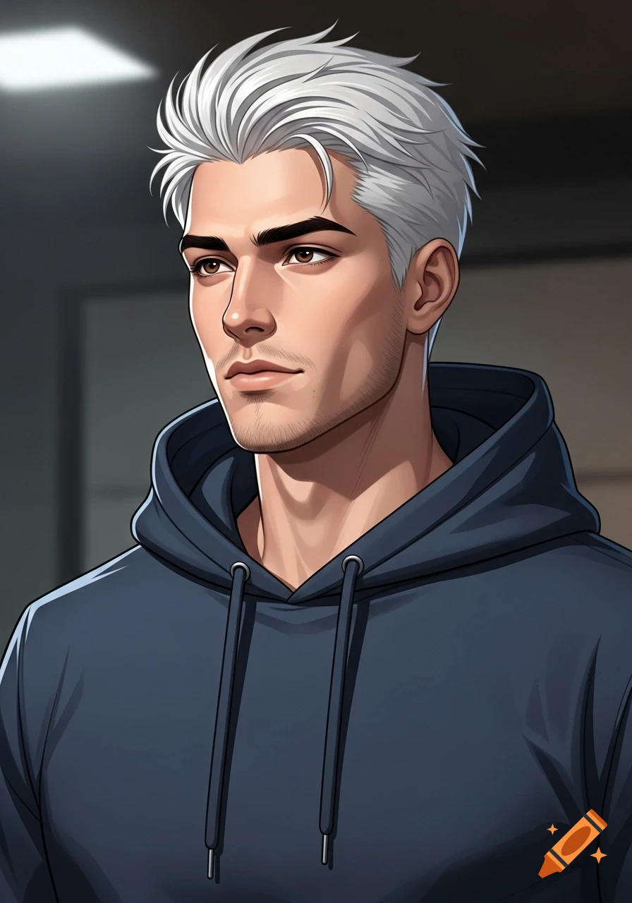 A stylized portrait of a young man with white hair, brown eyes, light stubble, wearing a dark blue hoodie.