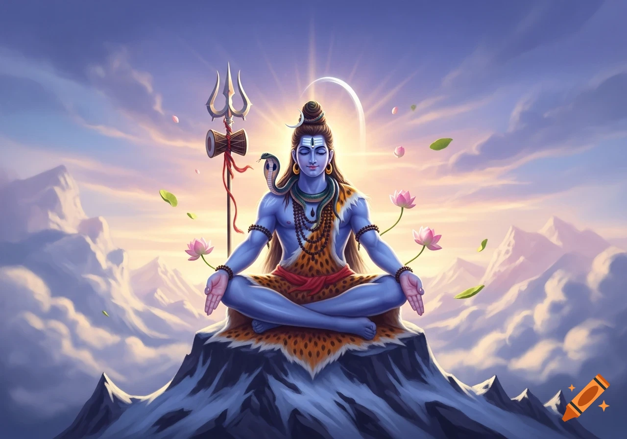 Lord Shiva with blue skin meditates on a snowy peak under a sunrise sky, with lotus flowers and his trident nearby.