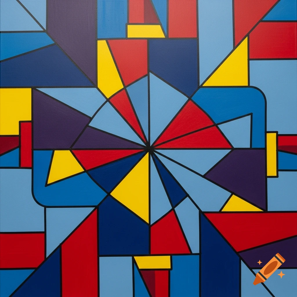 A vibrant abstract geometric painting with interconnected red, blue, yellow, and purple shapes outlined in black.