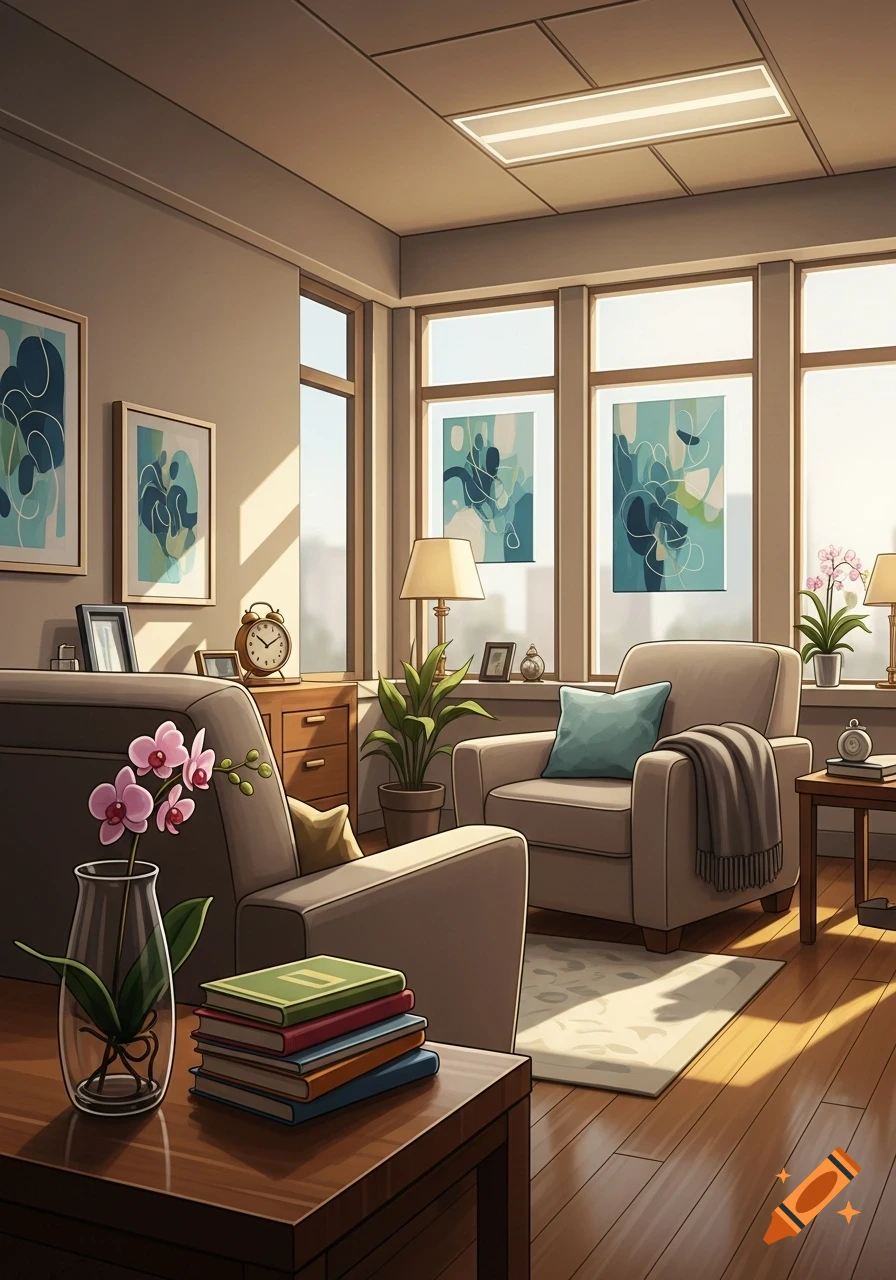 A bright and comfortable therapy office with an armchair, sofa, plants, abstract art, and a stack of books, bathed in warm sunlight.