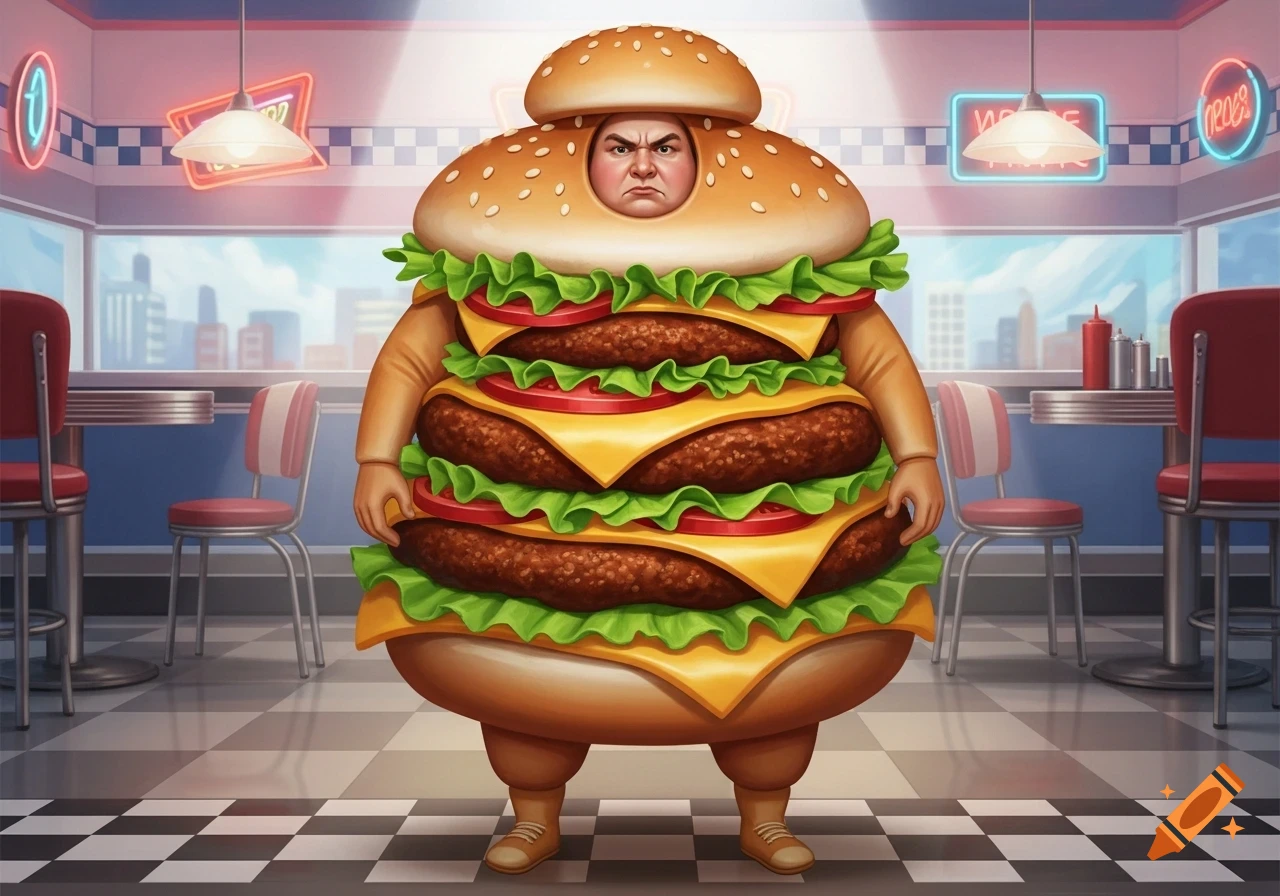 An angry person in a large, multi-patty burger costume stands in the middle of a retro-style diner.