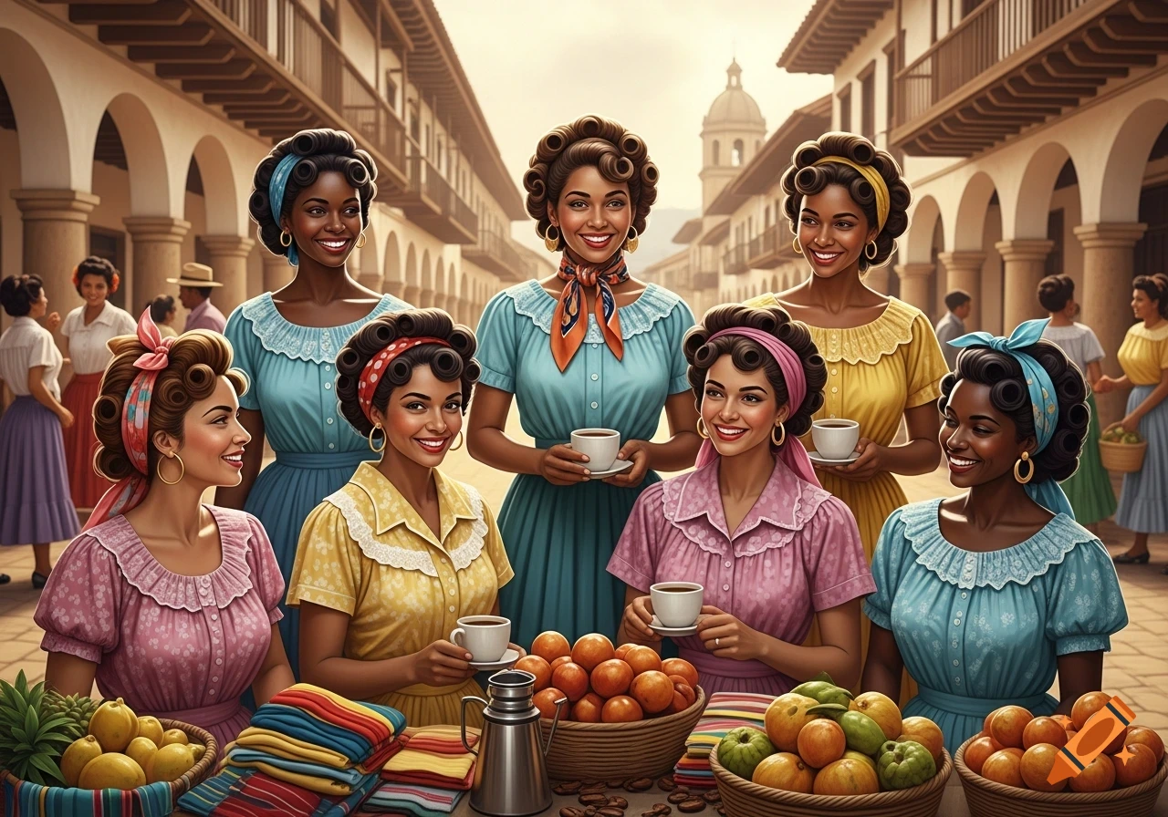 A group of smiling women with elaborate curly hairstyles and headscarves, wearing colorful 1950s-style dresses, holding coffee cups in a bustling outdoor marketplace with baskets of fruit.