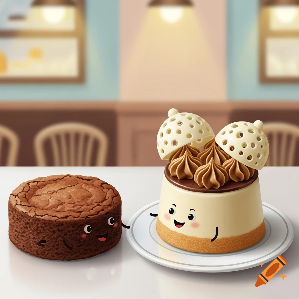 A cartoon brownie character talks with a vanilla Bavarois cake topped with coffee mousse and a white chocolate dome on a table.