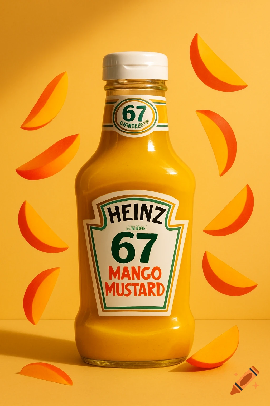 A vibrant yellow bottle of Heinz 67 Mango Mustard stands centrally, surrounded by floating orange mango slices, on a matching yellow background.