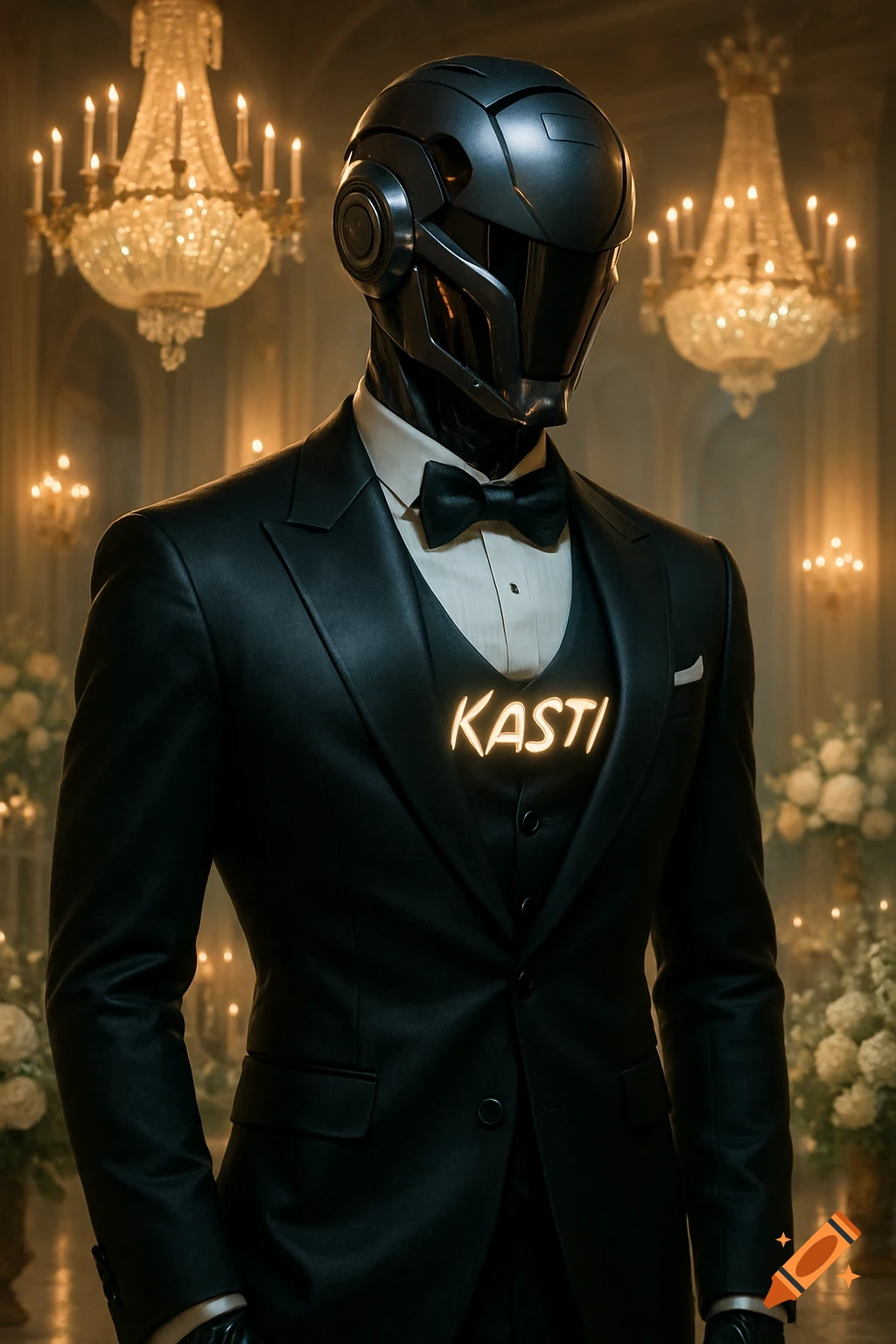 A robot with a dark helmet wears a tuxedo with the glowing name KASTI on its chest, standing in a fancy ballroom with chandeliers.