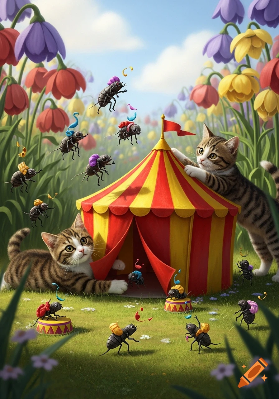 Two whimsical tabby cats play with a miniature red and yellow circus tent, surrounded by tiny flea performers and giant flowers.