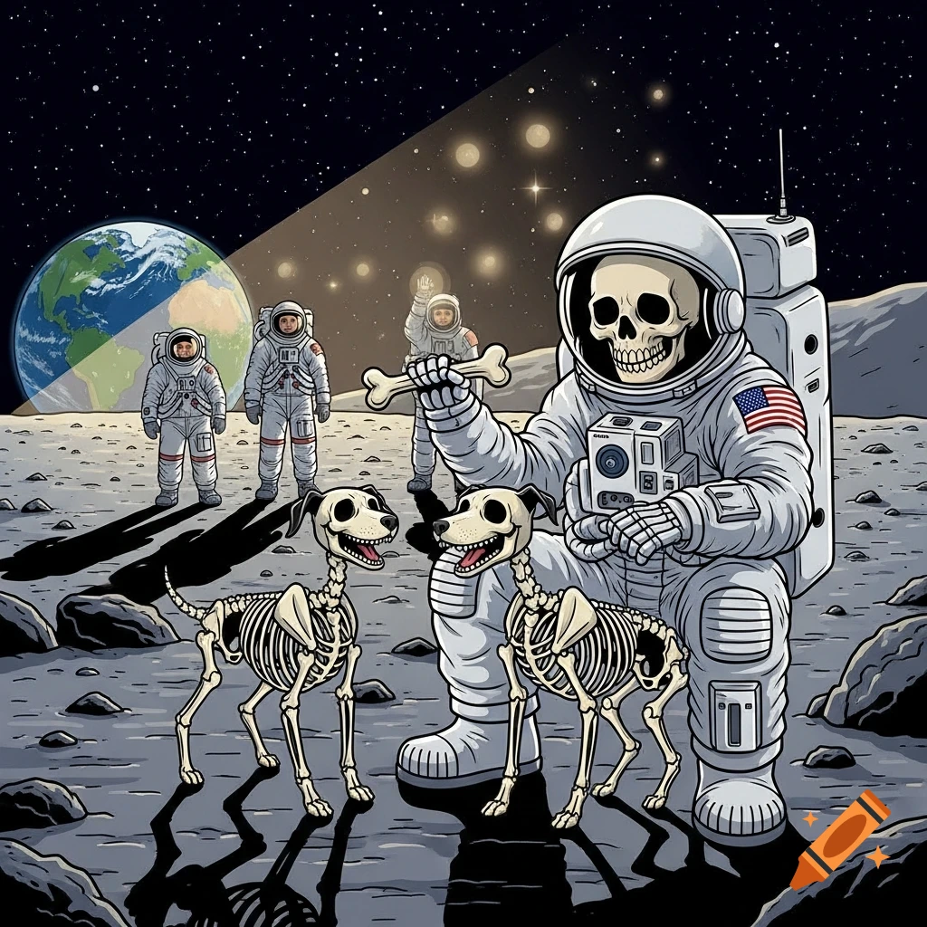 A cartoon skeleton astronaut on the moon holds a bone for two skeleton dogs. Other astronauts and Earth are in the background against a starry sky.