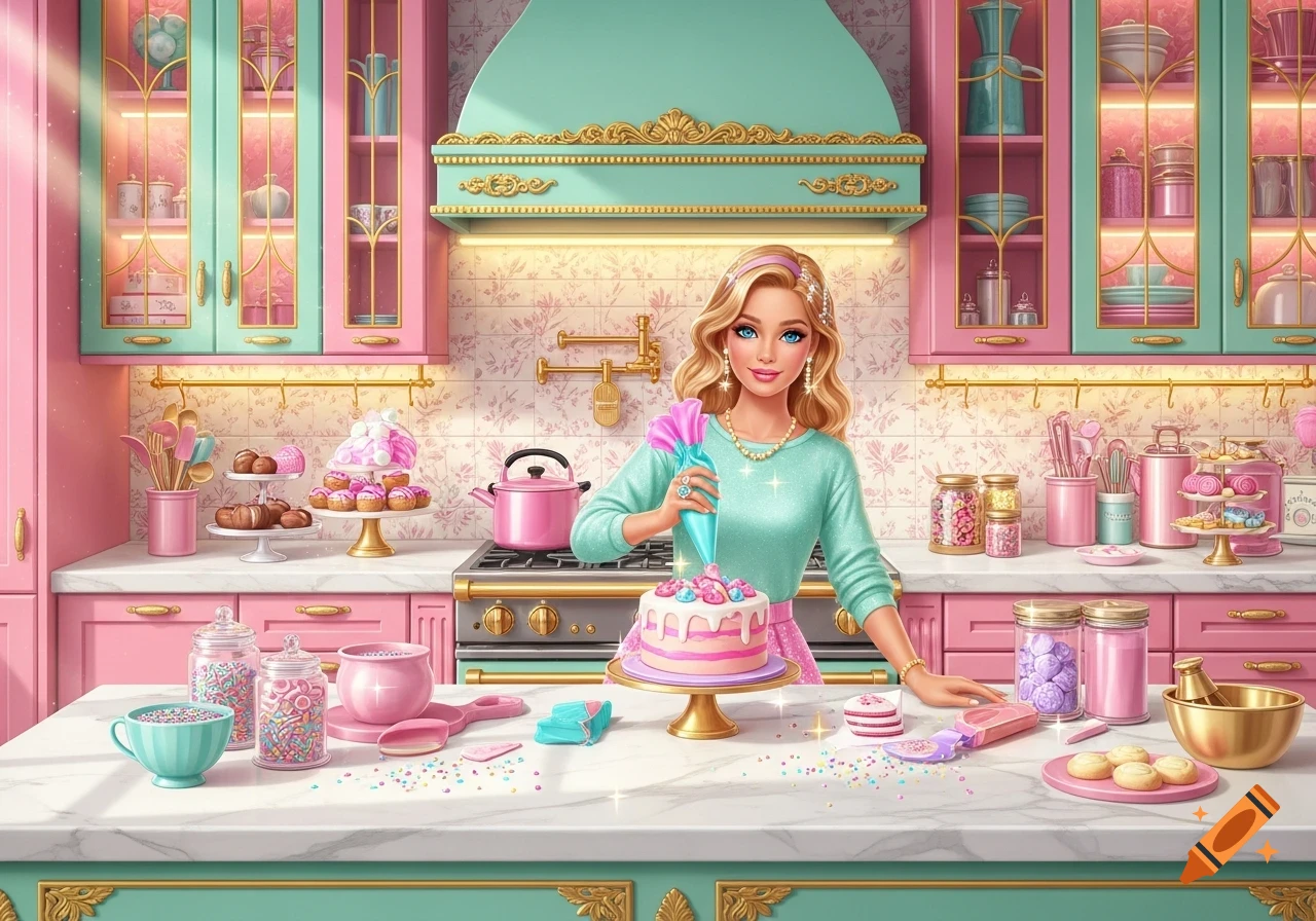 A Barbie-style woman decorates a pink cake with frosting in a vibrant pink and teal kitchen, surrounded by desserts.