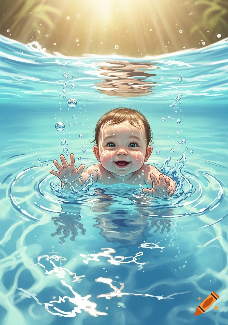 A happy baby with brown hair smiles, swimming in clear blue water with hands up, in a bright illustration.
