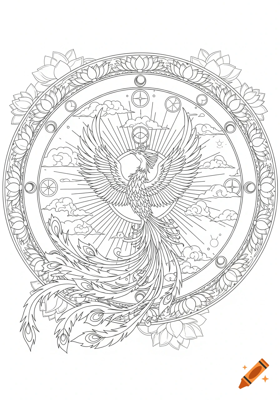 Line art coloring page featuring a majestic phoenix with outstretched wings, centered within a circular mandala design adorned with lotus flowers.