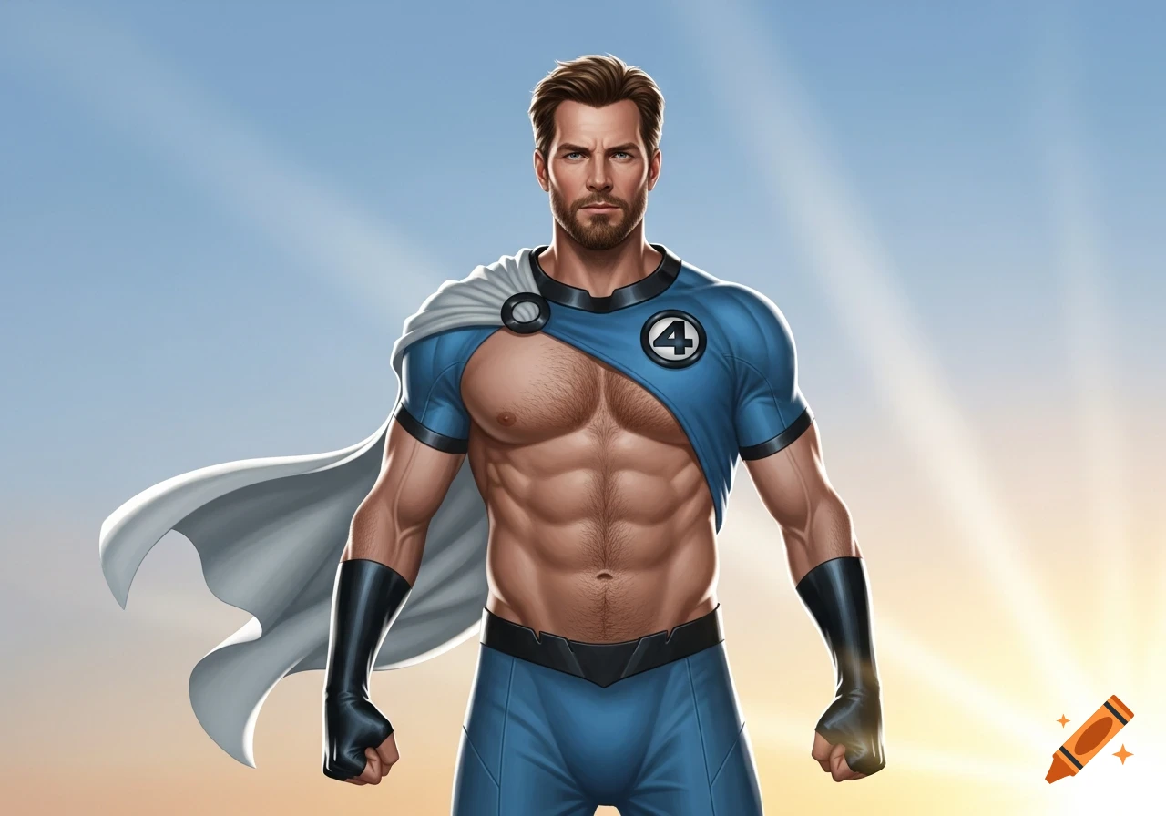 A muscular, bearded Mister Fantastic in an open blue superhero top and white cape, against a sky.