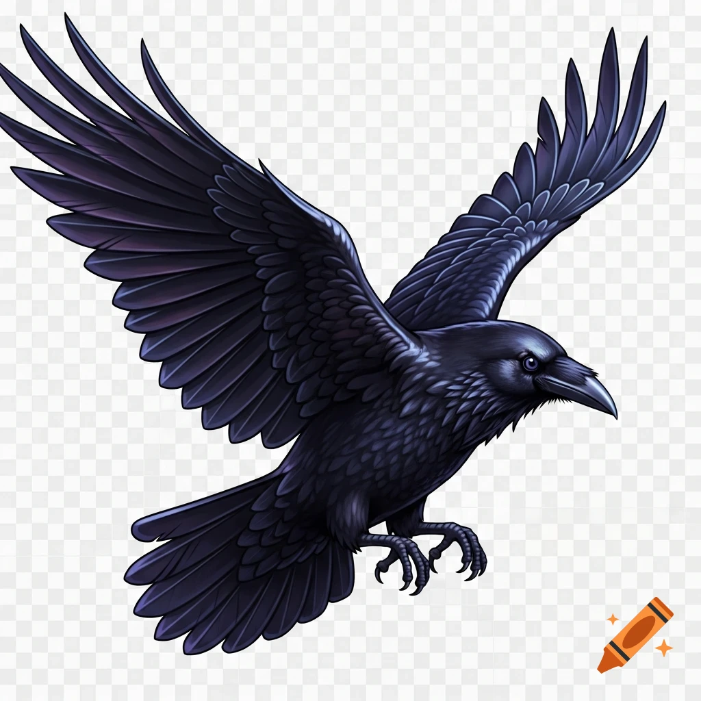 Detailed illustration of a black raven with iridescent feathers, wings spread, soaring against a transparent background.