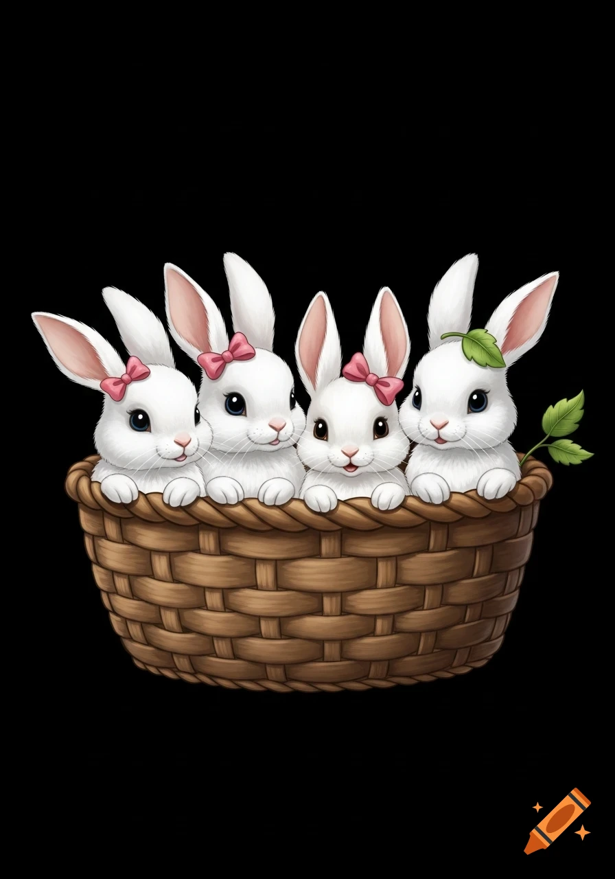 Four cute white storybook bunnies, three with pink bows and one with a leaf, in a brown basket on a black background.