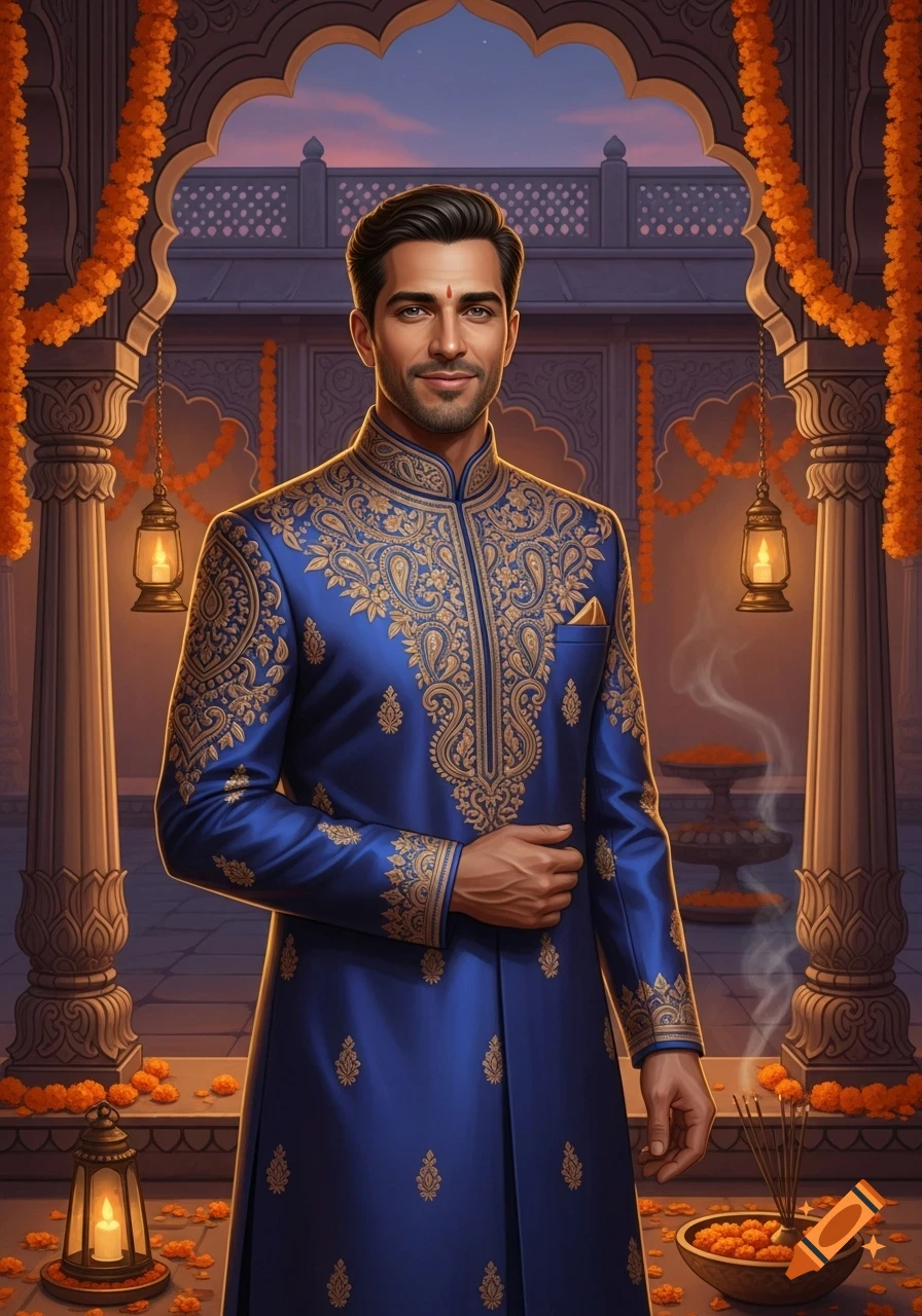 Handsome man in a blue and gold embroidered kurta stands in a decorated Indian archway with marigold garlands.