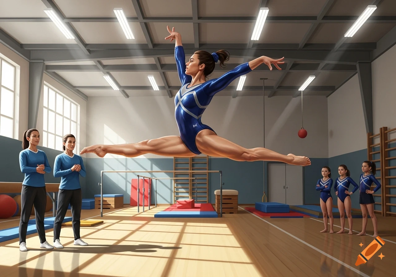 A female gymnast performs a split jump in a brightly lit gym, while two coaches and three young gymnasts watch.