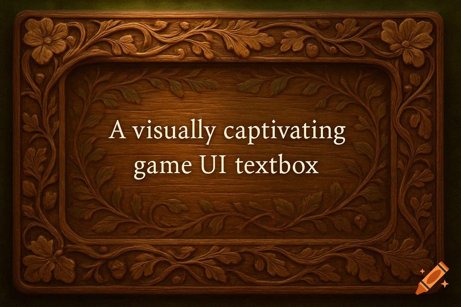 A wooden game UI textbox with ornate carvings and the text "A visually captivating game UI textbox".