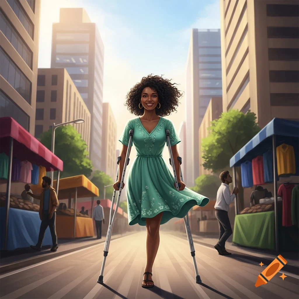 A smiling Black woman in a teal dress stands with crutches on a bustling city street with market stalls and tall buildings.