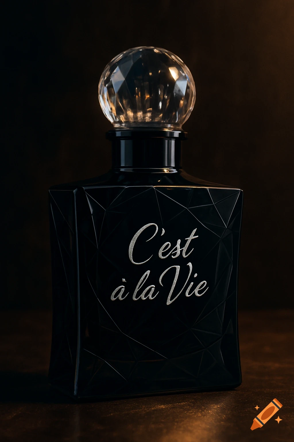 A black cologne bottle with a faceted clear spherical cap, featuring the silver text "C'est à la Vie" on its geometrically textured front, set against a dark background.