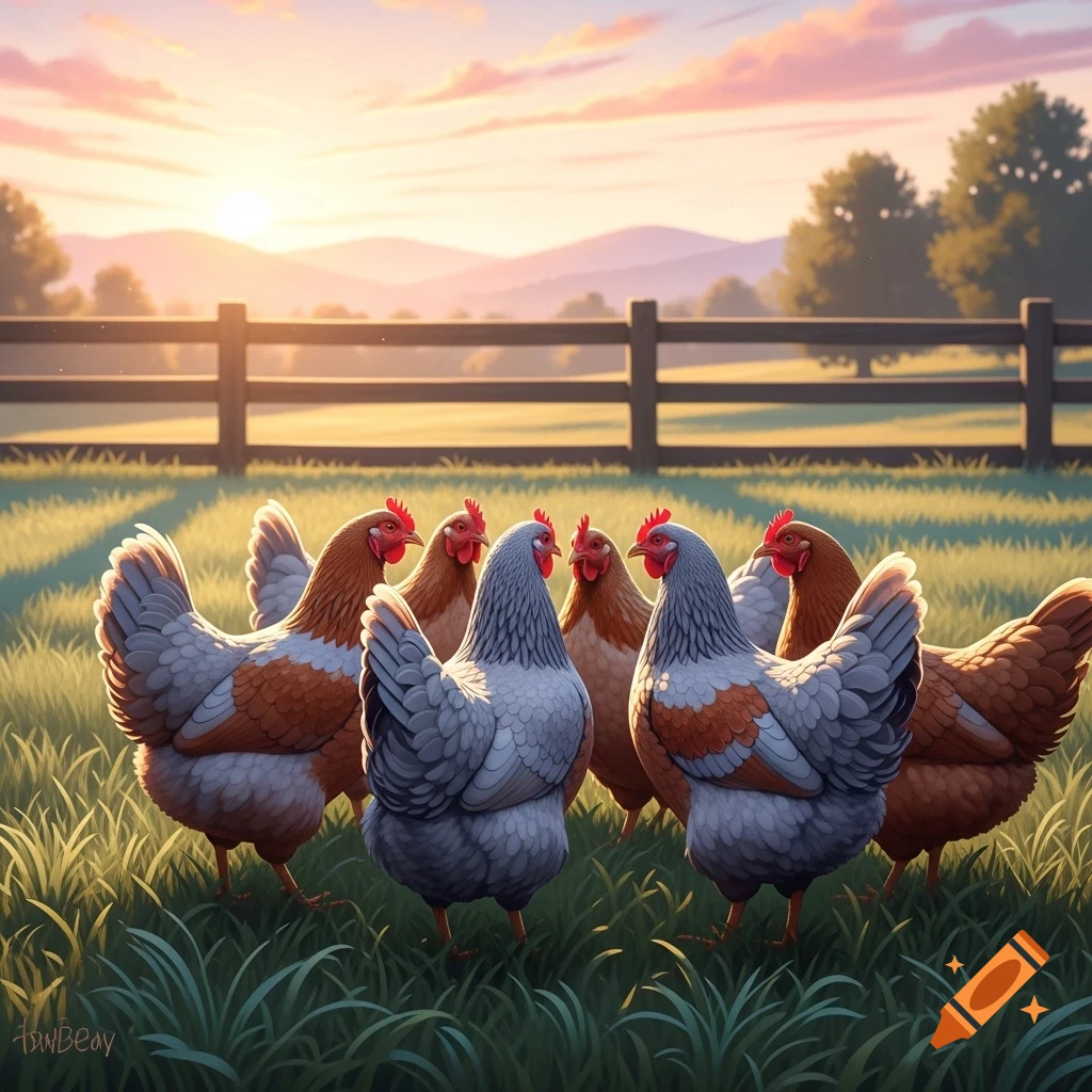 Six colorful chickens gather in a grassy field, bathed in warm light from a sunrise over distant mountains.