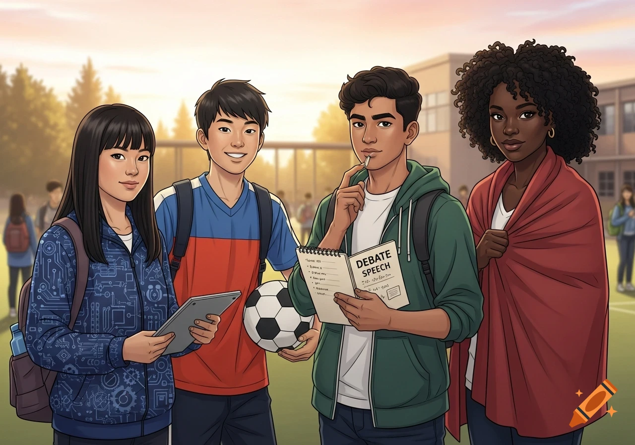 Four diverse high school students pose, holding a tablet, soccer ball, and debate notes, in a vibrant cartoon style.