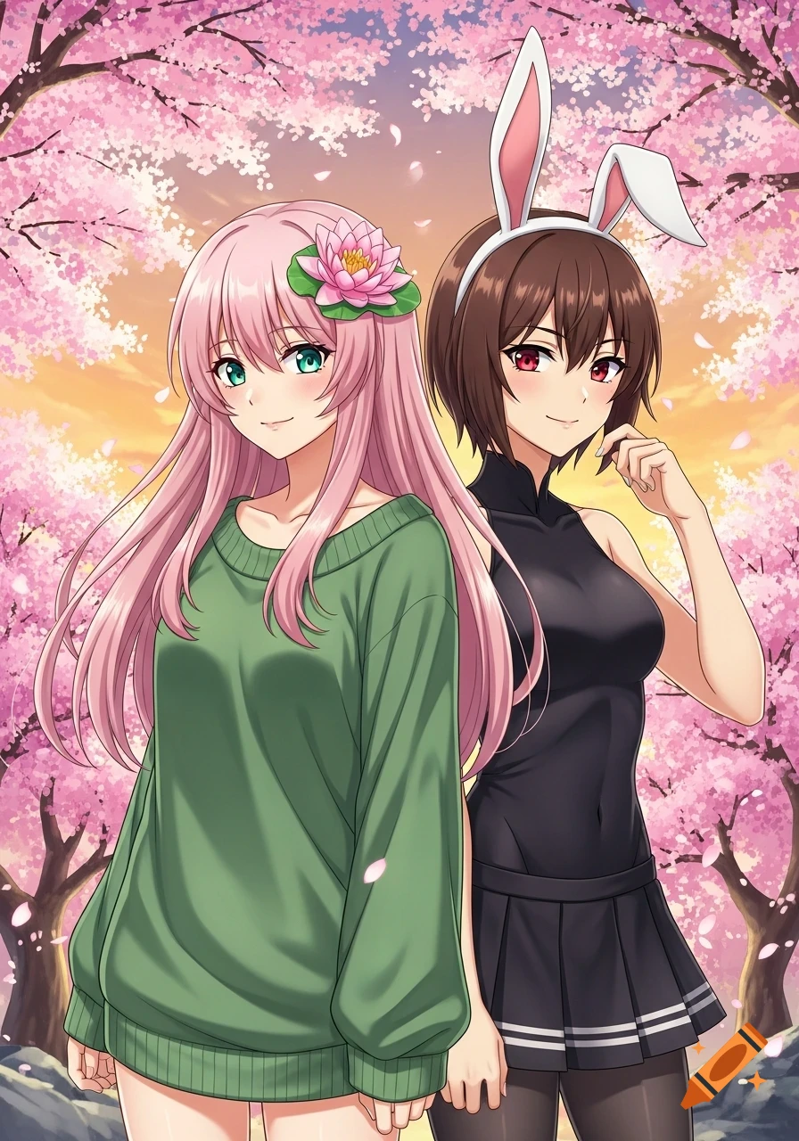 Two anime girls, one with pink hair and a green sweater, the other with brown hair, bunny ears, and a black outfit, stand among cherry blossoms.